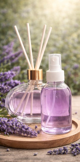 Casa Serena lavender diffuser set with home spray and reed diffuser sticks in glass bottles, surrounded by fresh lavender sprigs.
